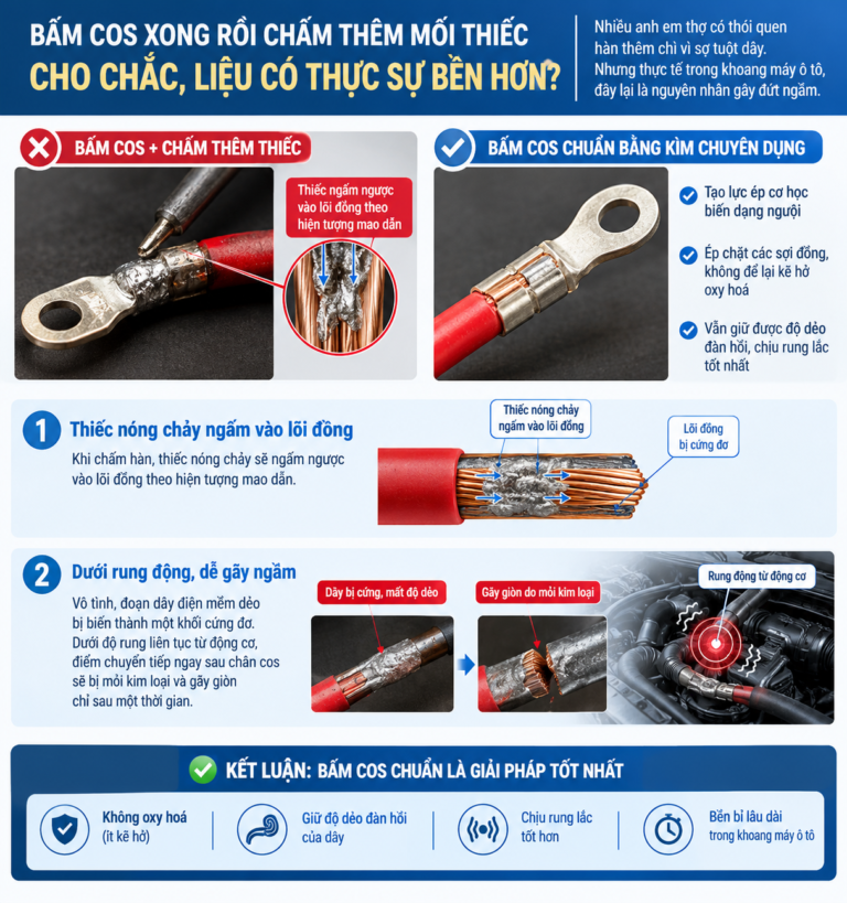 Han thiếc sau khi bấm cos dây điện ô tô: Nên hay không?